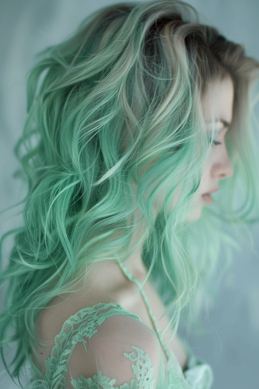 Green Ombre Hairstyle. Emerald roots fading into pastel mint tips.