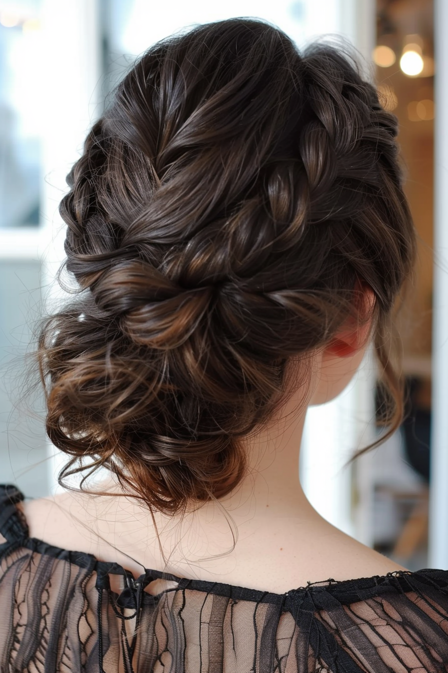 Prom updo woman hairstyle. Brunette long hair styled into a Grecian braided crown.