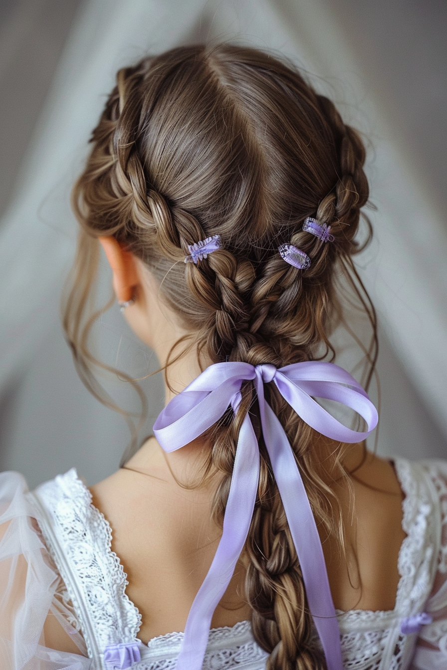 Braided hairstyle. Zig-zag pattern with lavender ribbon.