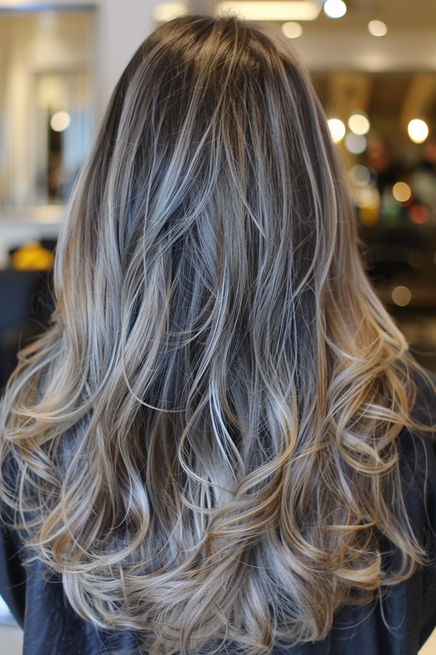 Balayage hairstyle. Ash grey balayage on long, loose curls.