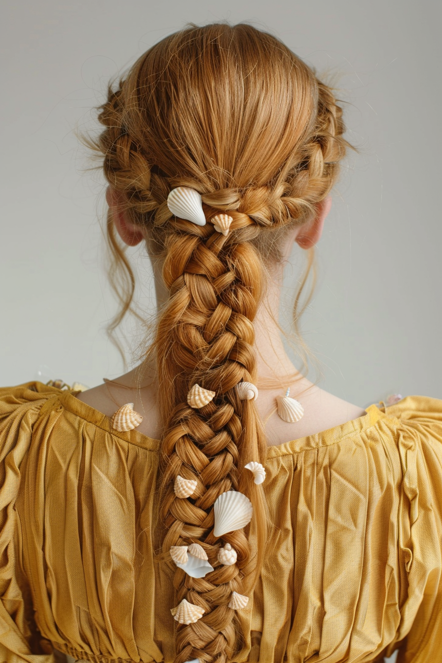 Two-strand twist hairstyle. Honey-blond hair with shell hair accessories.