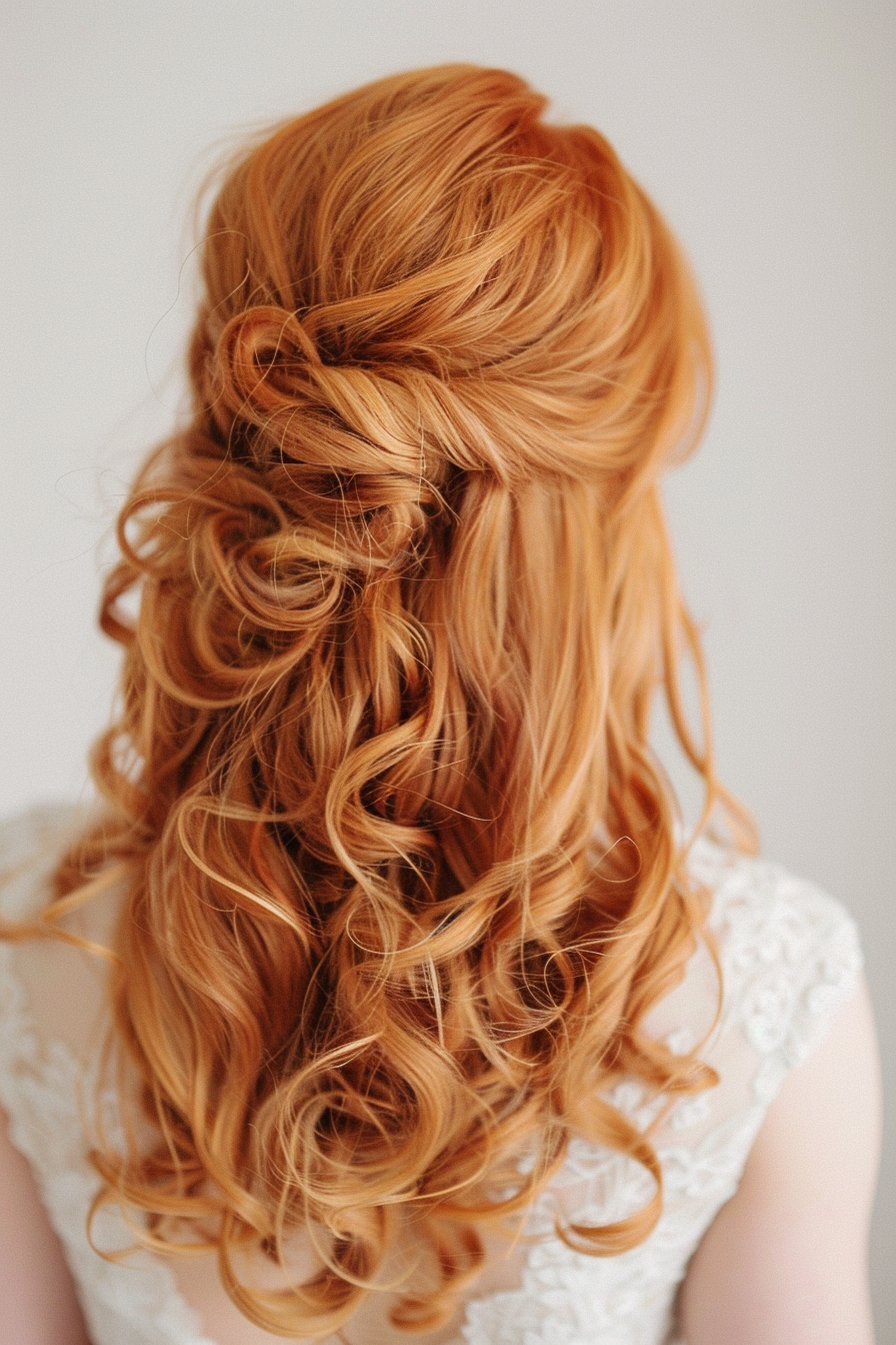 Woman hairstyle. Loose curls on strawberry blonde hair.