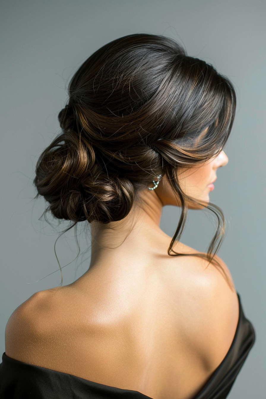 Prom updo, woman hairstyle. Brunette long hair sleek chignon with face-framing tendrils.