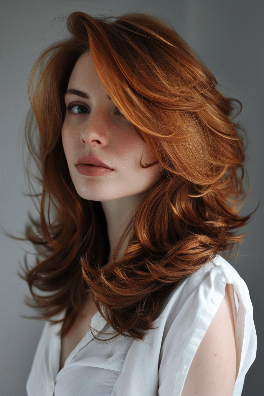 Layered haircut woman hairstyle. Voluminous chestnut waves.