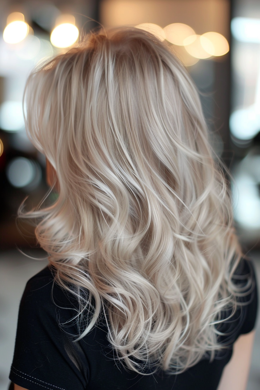 Balayage hairstyle. Soft ash blonde on mid-length waves.