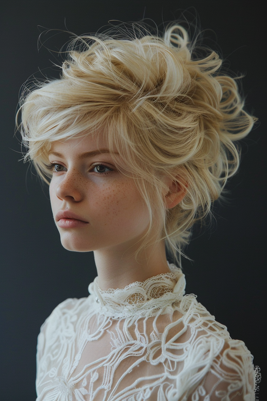 Woman hairstyle. Blonde comb-twist with fluffy side fringe.