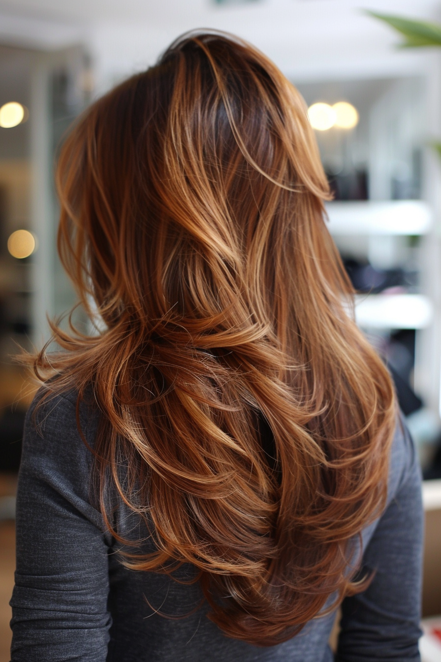 Layered haircut woman hairstyle. Long hair with caramel balayage.