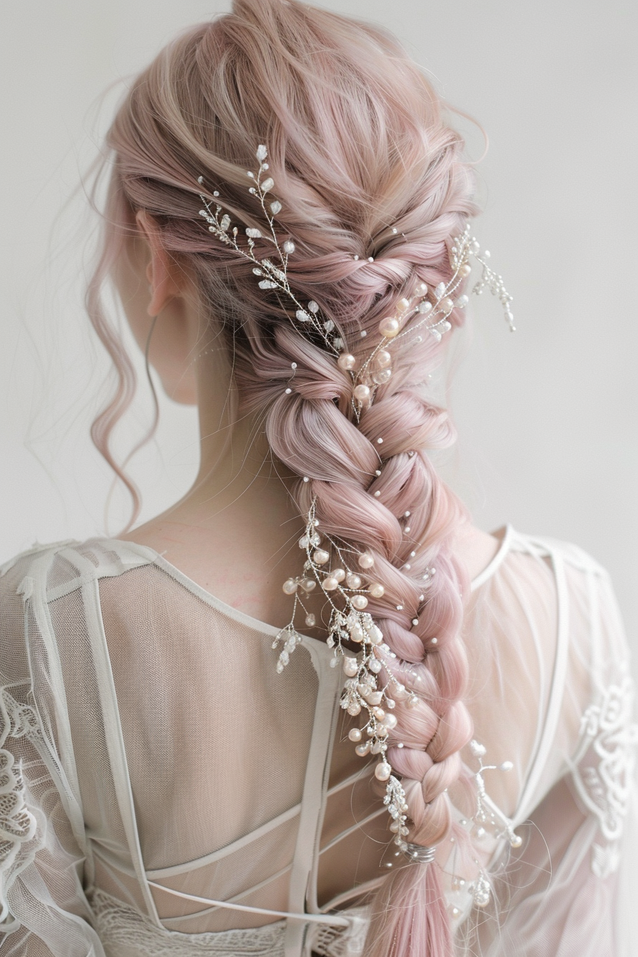 Fishtail braid hairstyle. In soft, pastel pink with intricate pearl hair accessories.