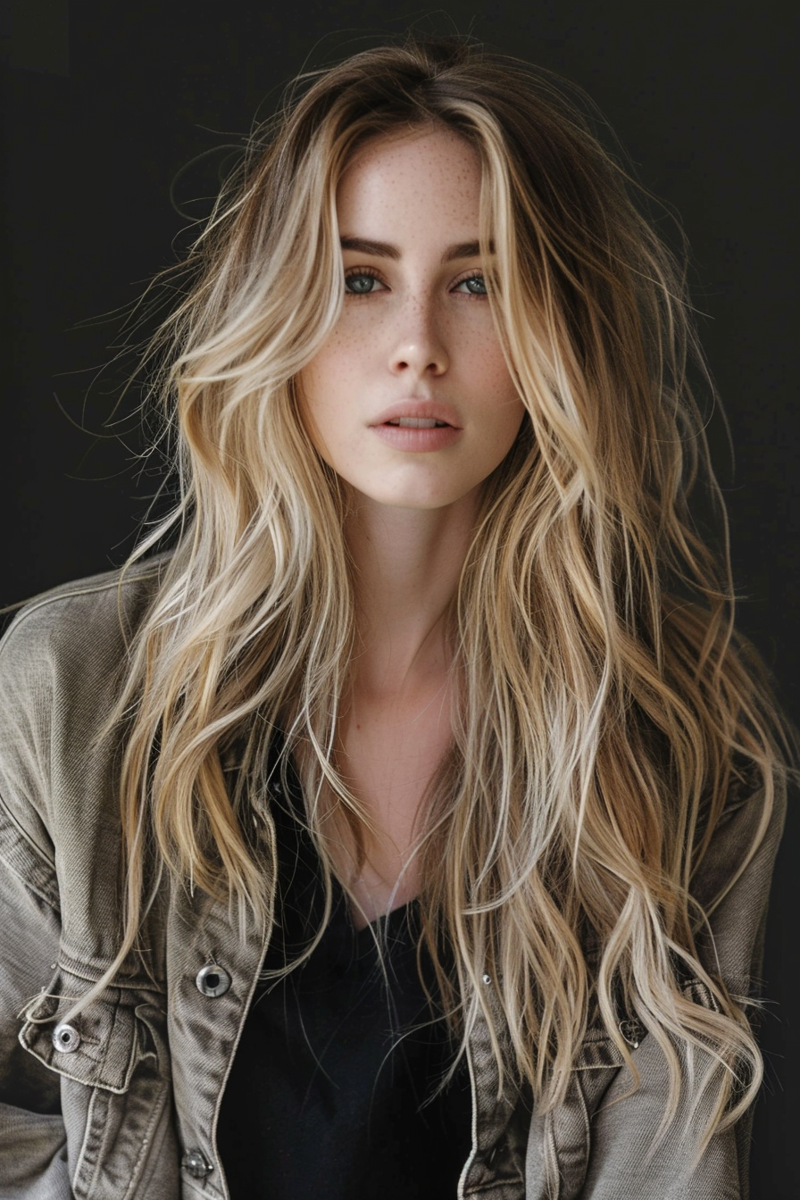 Dirty blonde hair woman hairstyle. Long layer cut.