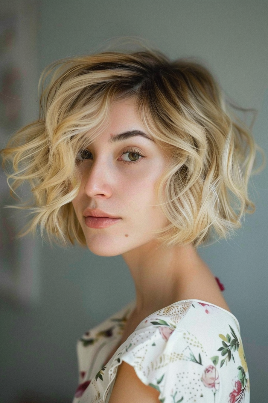 Short wavy hairstyle. Assymetrical bob with blonde highlights.