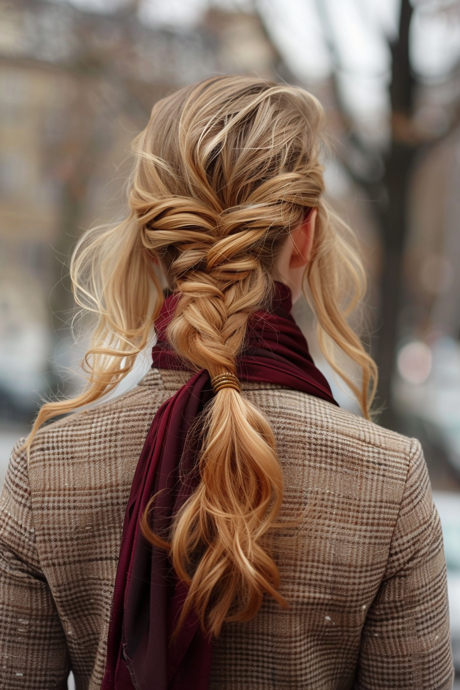 Comb twist hairstyle. Honey blond, mid-length with burgundy silk scarf.