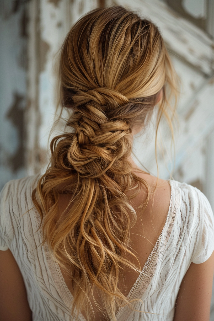 Dirty blonde hair woman hairstyle. Loose waterfall braid.