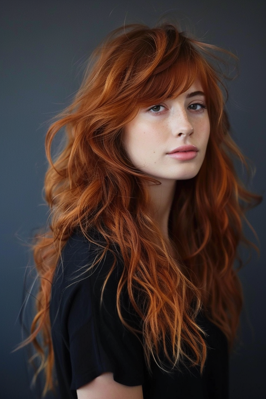 Auburn hair color hairstyle. Long tousled waves with side bangs.