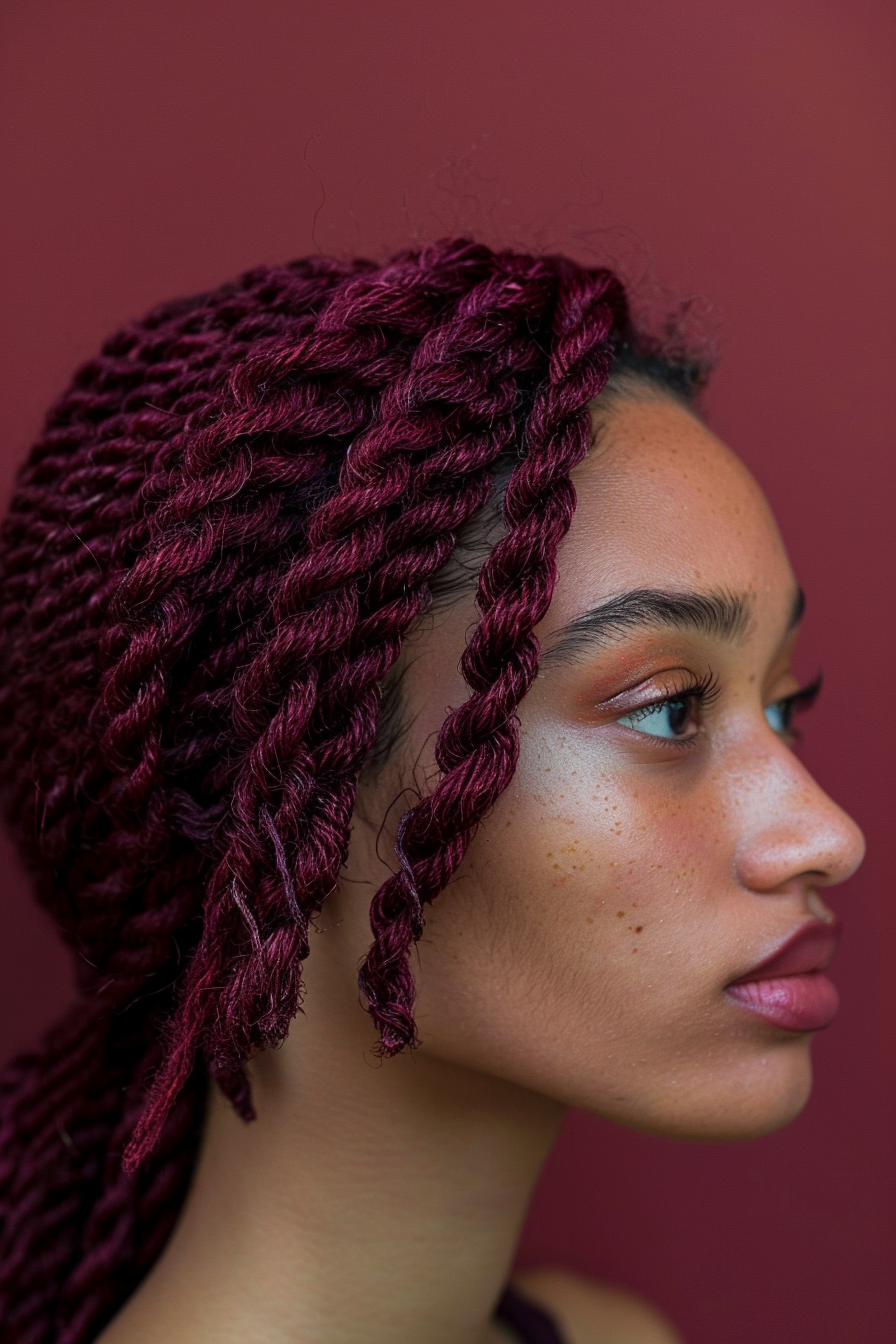 Two-Strand Twist Hairstyle. Woman with burgundy hair and baby hair detailing.