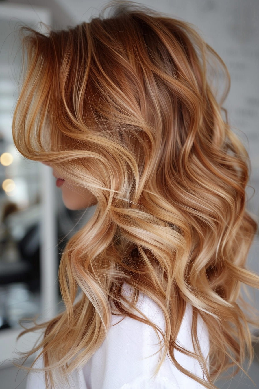 Money Piece Highlight Hairstyle. Golden blonde accent on chestnut waves.