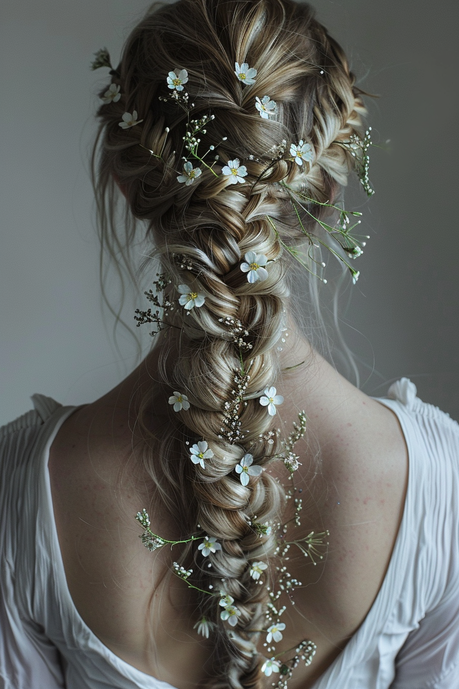 Fishtail braid hairstyle. Accented with small white flowers.