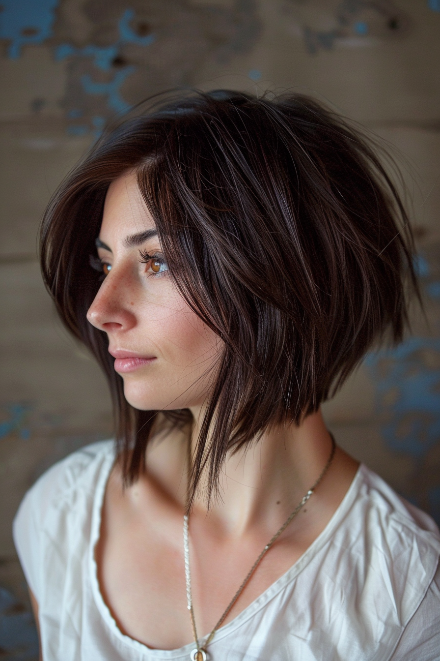 Summer bob hairstyle for women. Textured and angled espresso bob.