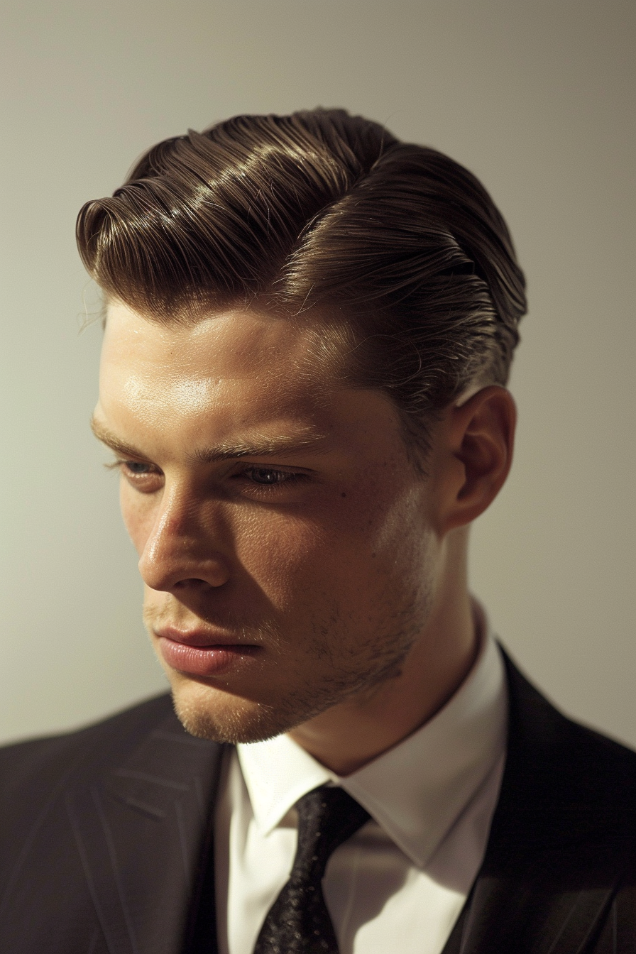 Low Taper Fade Men Hairstyle. Sleek back with sharp side parting.