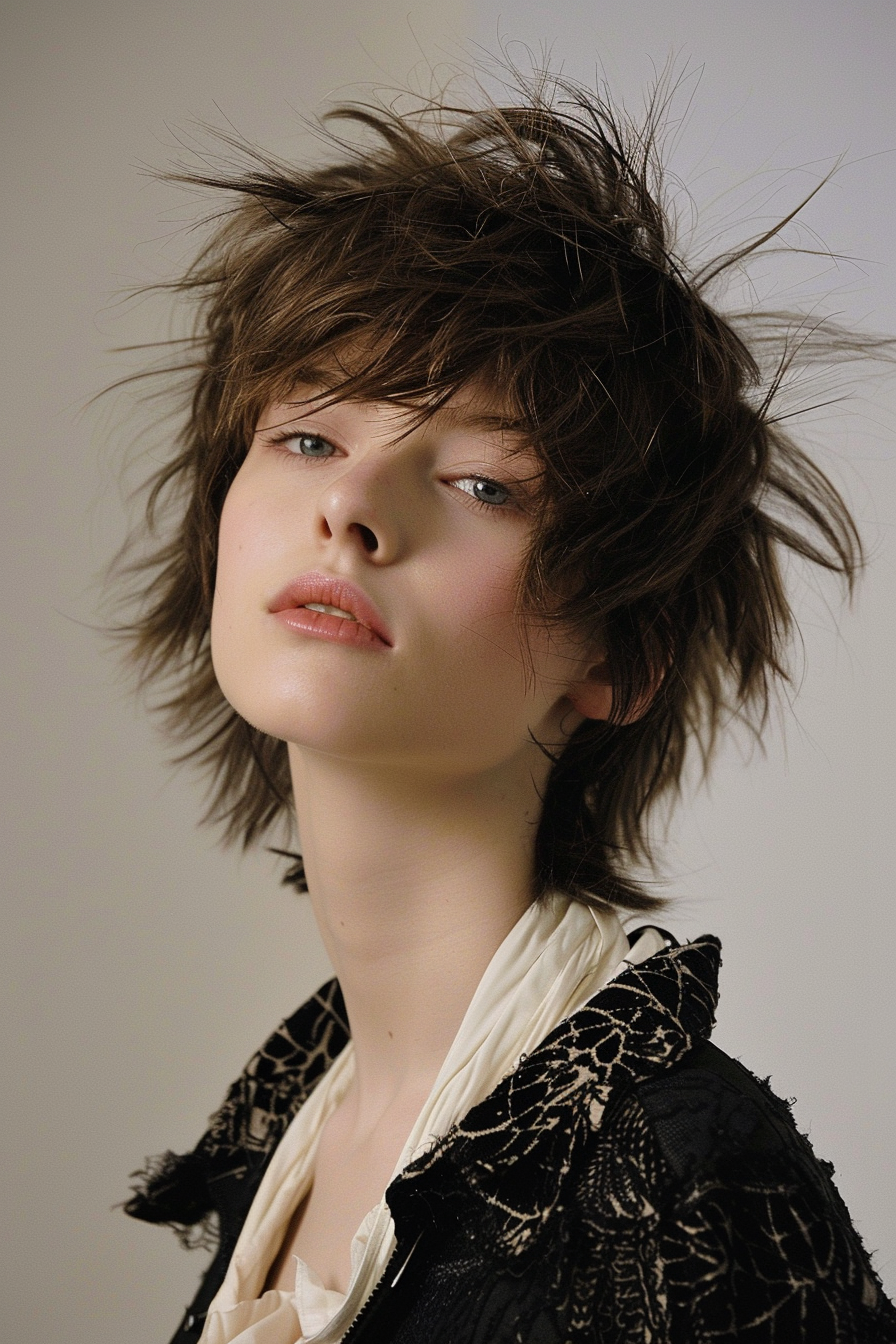 Wolf cut hairstyle. Short hair with shaggy fringe and choppy layers.