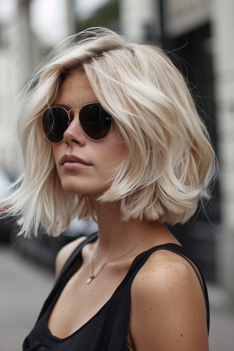 Summer hairstyle. Bright blonde balayage on shoulder-length bob.