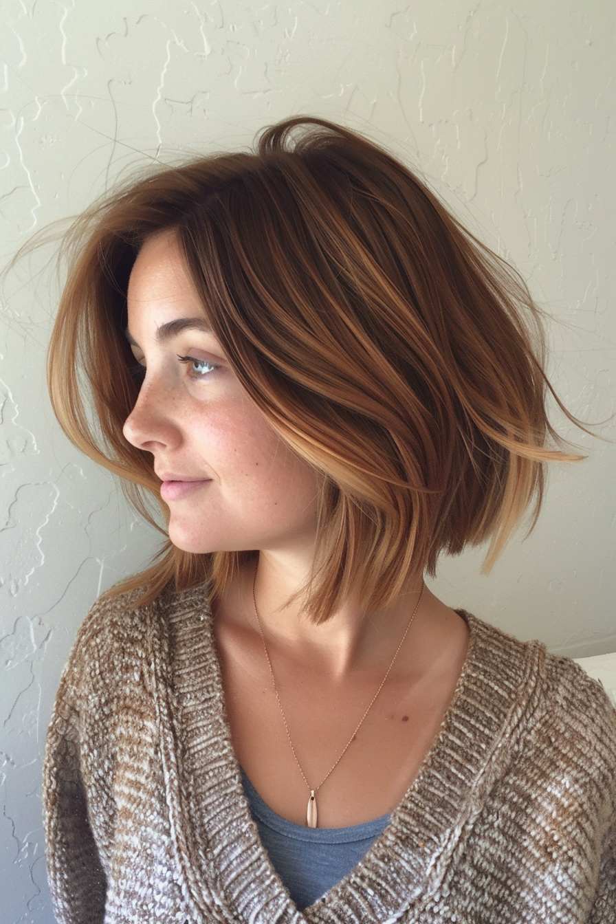 Trendy summer haircut. A-line bob with caramel balayage.