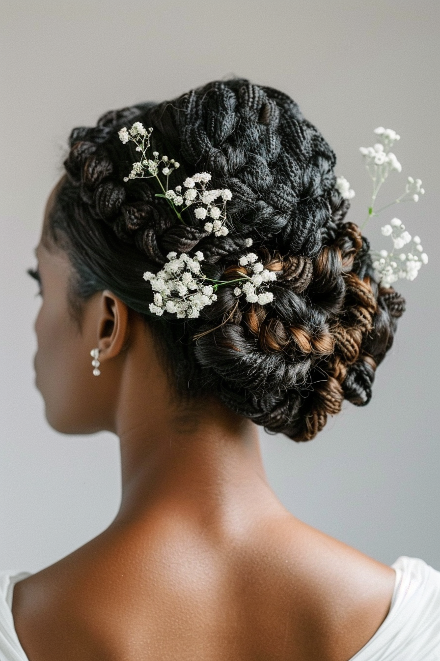 Two-strand twist hairstyle. Caramel brown updo with delicate baby breath flowers.