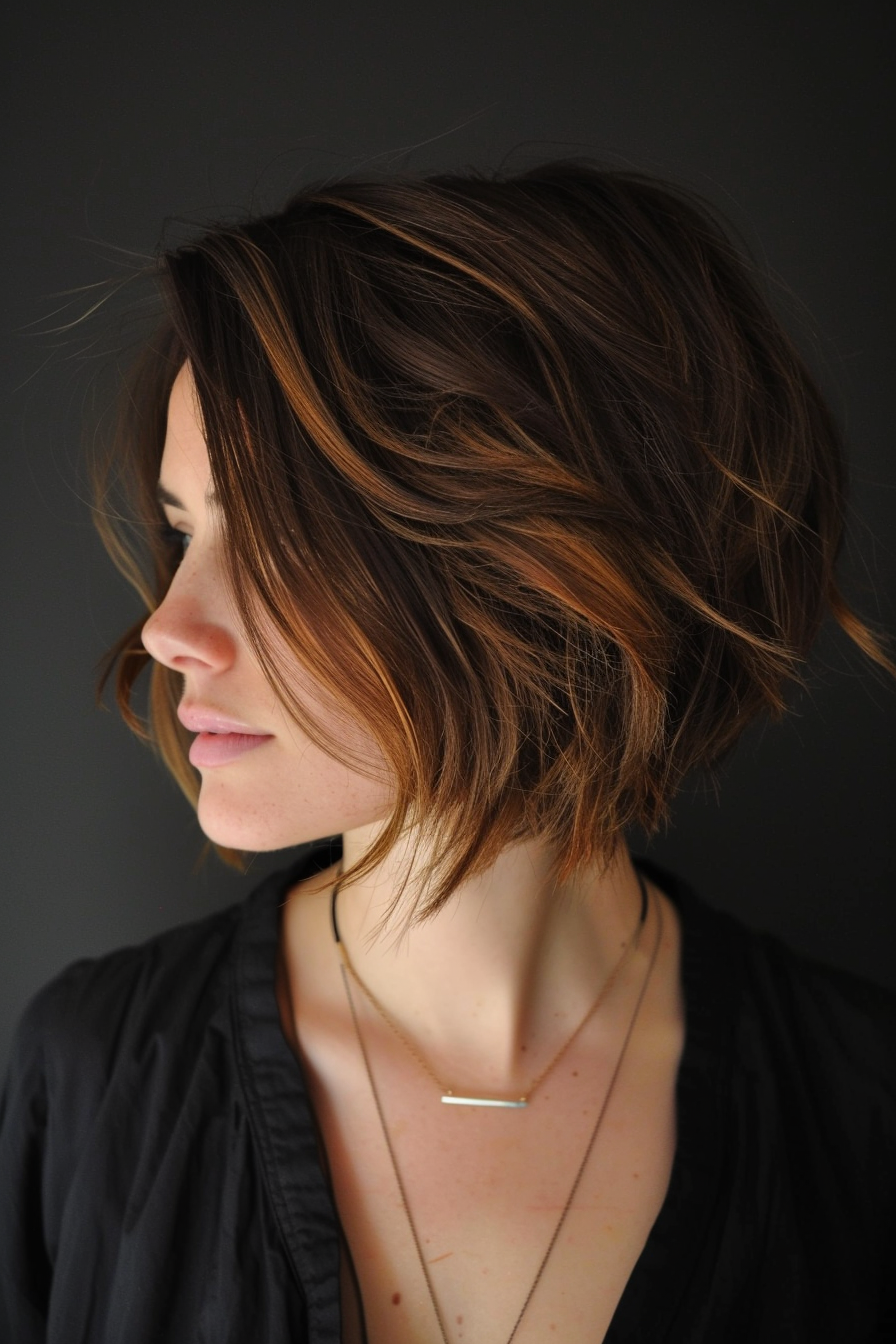 Summer bob hairstyle. Textured angled cut with golden highlights.