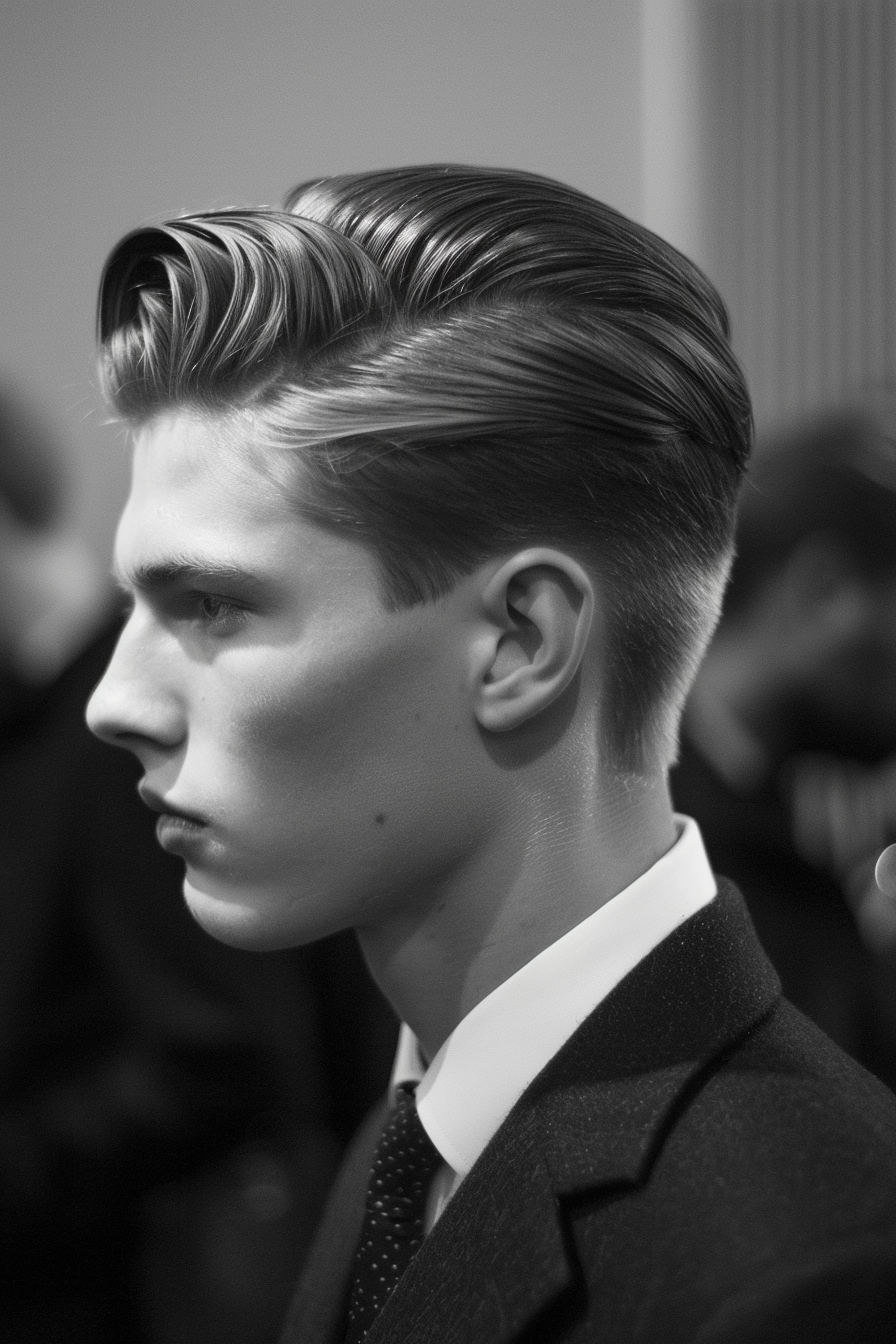 Low taper fade men hairstyle. Sleek back with a neat parting.