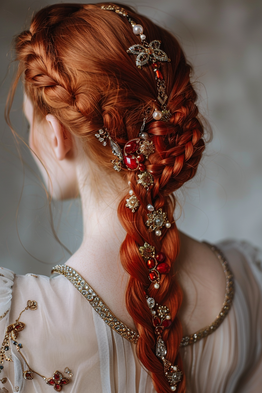 Woman hairstyle, creative. Bright red French braid with jeweled accessories.