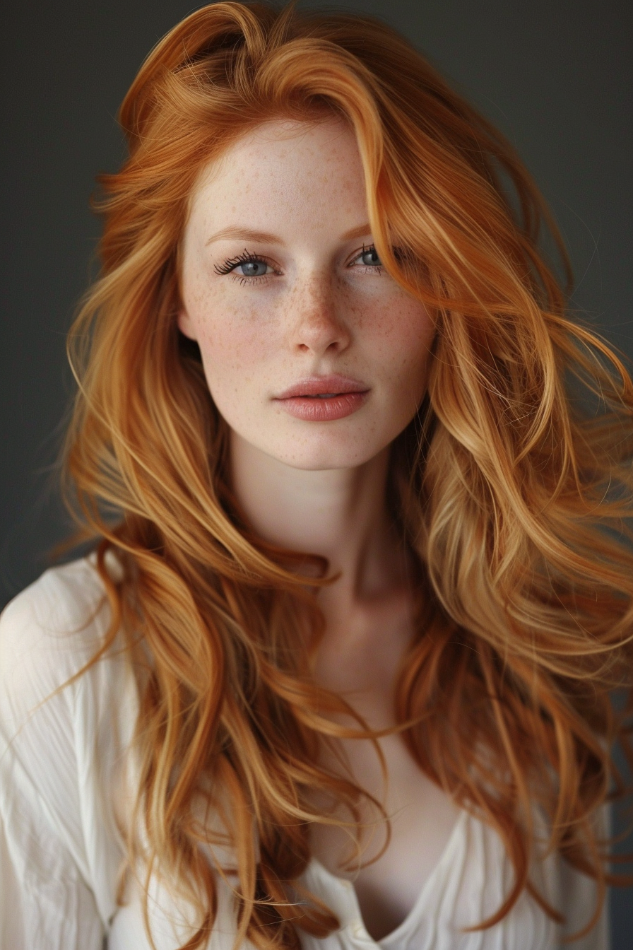 Strawberry blonde hair hairstyle. Soft beachy waves.