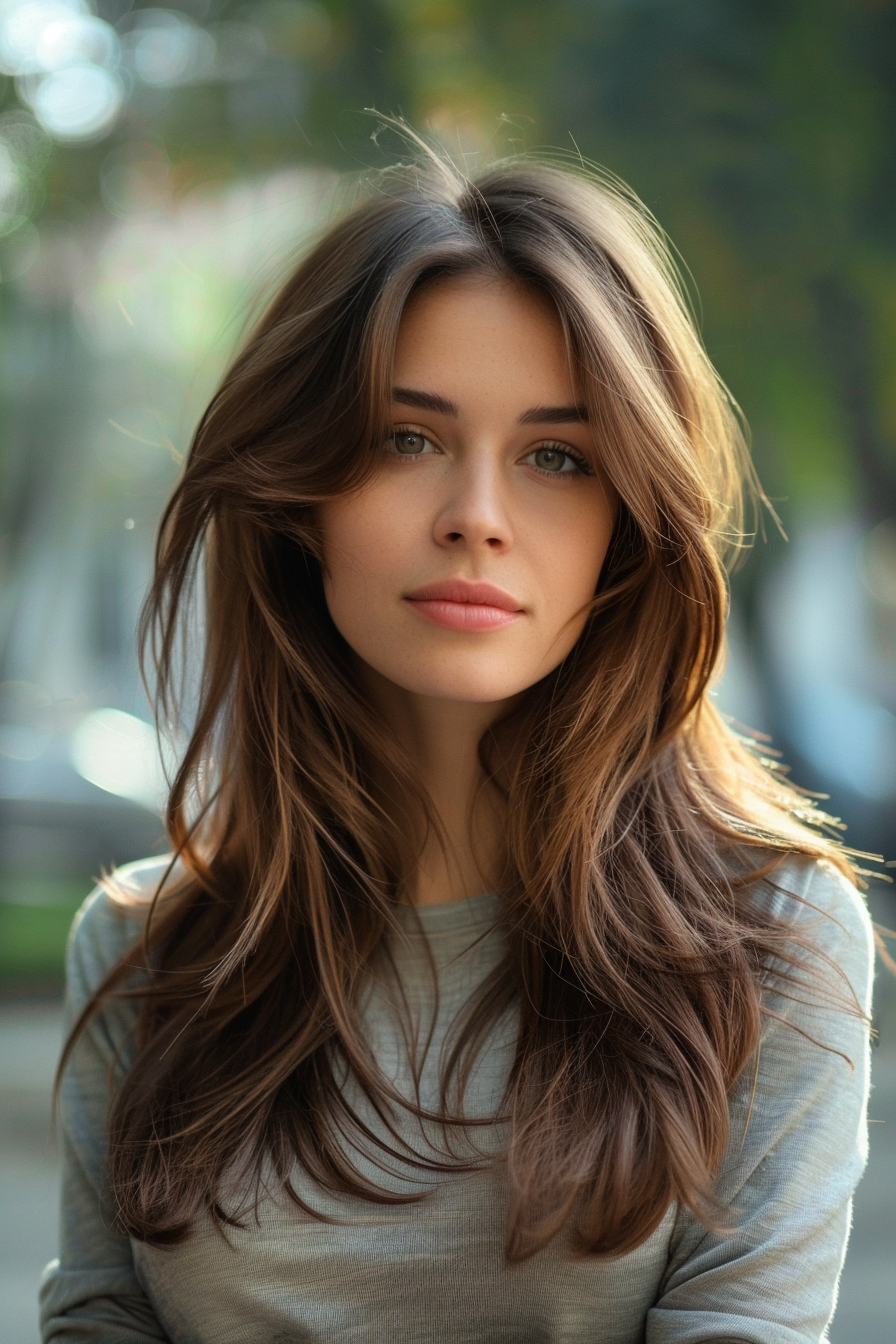 Front Layered Haircut Woman Hairstyle. Long hair with sharp front layers.