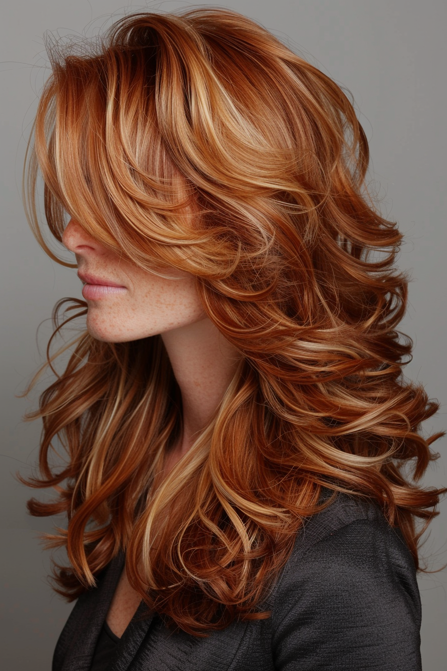 Voluminous layered haircut. Loose, wavy curls with caramel highlights.