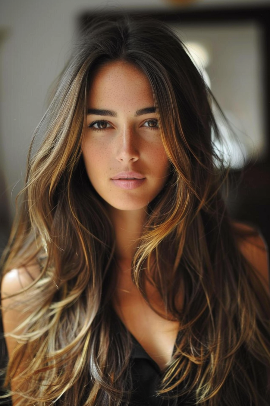 Chic long hairstyle. Layered locks with caramel highlights.