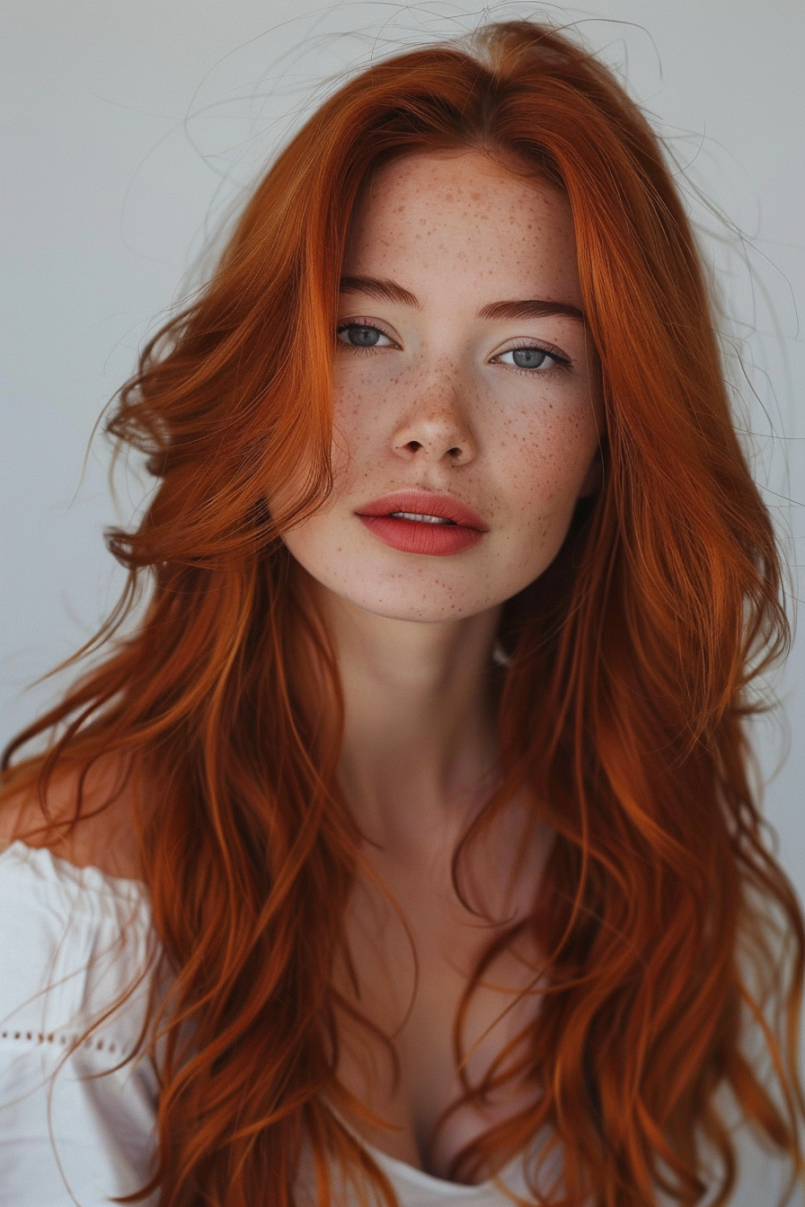 Auburn hair color hairstyle. Long wavy tresses with middle parting.