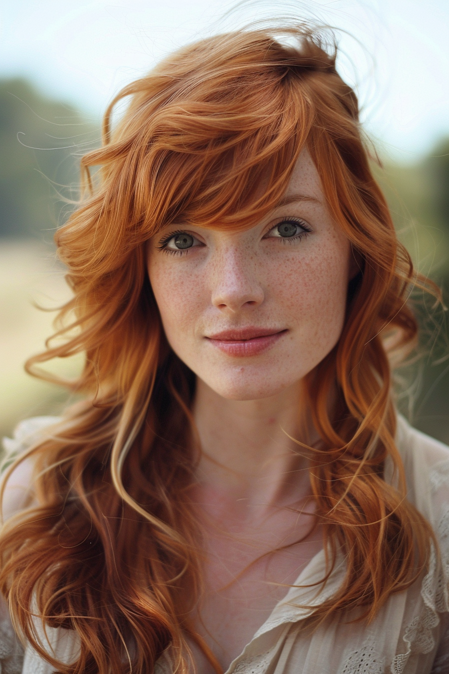 Strawberry Blonde Hair Woman Hairstyle. Beachy waves with side-swept fringe.