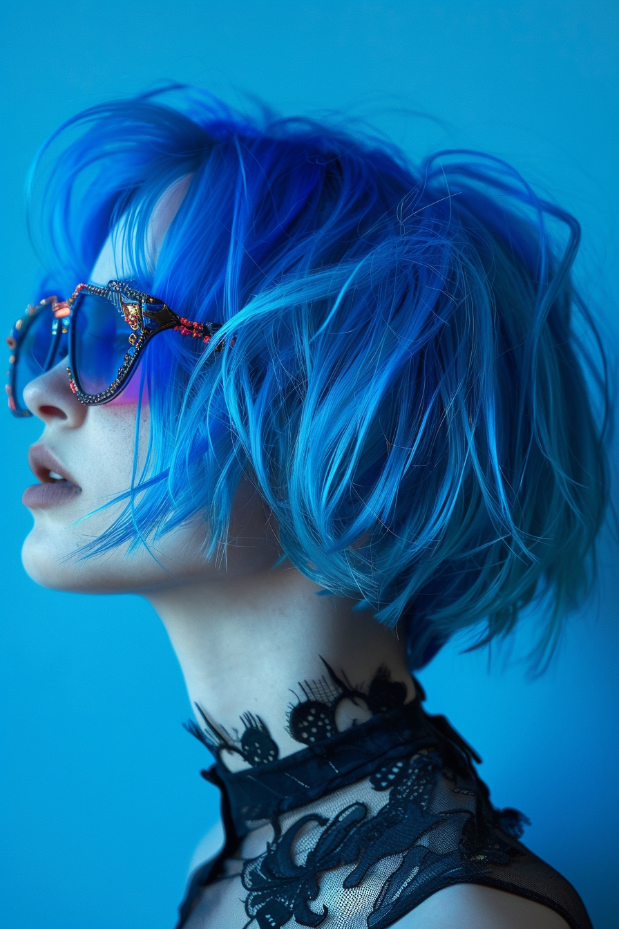 Blue hair color woman hairstyle. Electric blue Undercut Bob.