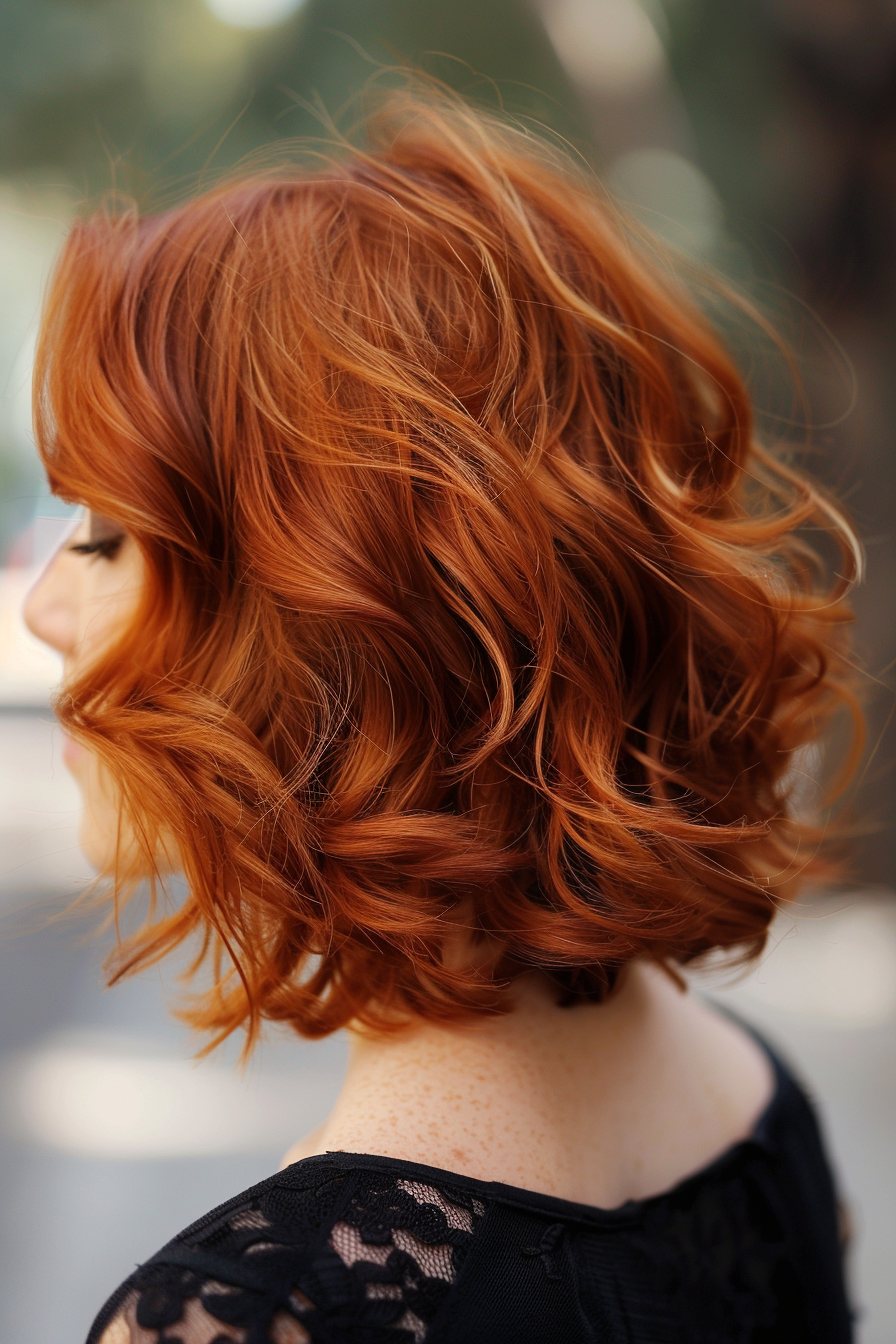 Auburn hair color. Curled shoulder-length bob.