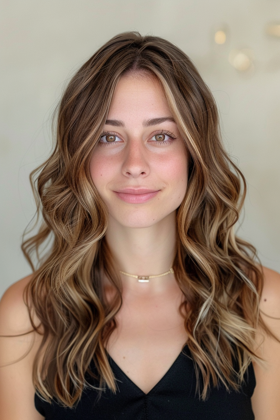 Woman hairstyle. Front money piece highlights on wavy brunette hair.