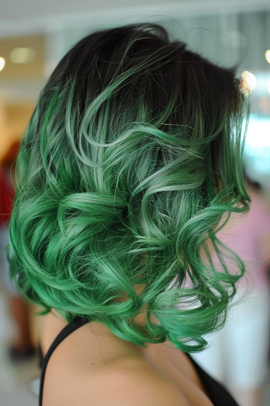 Green ombre hair woman hairstyle. Wavy long bob with a leafy undertone.