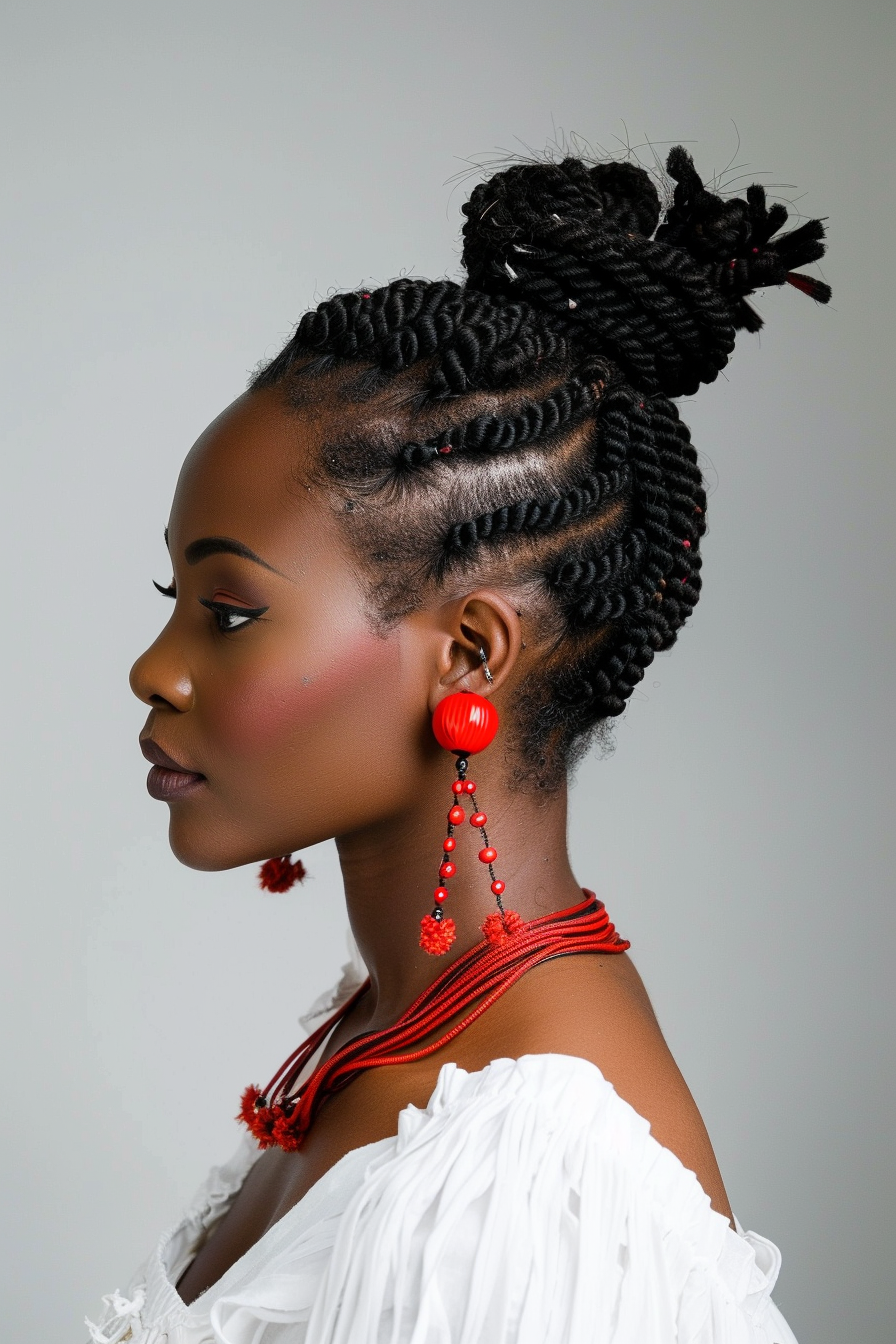 Woman hairstyle. Two-strand twist updo with red accessories.