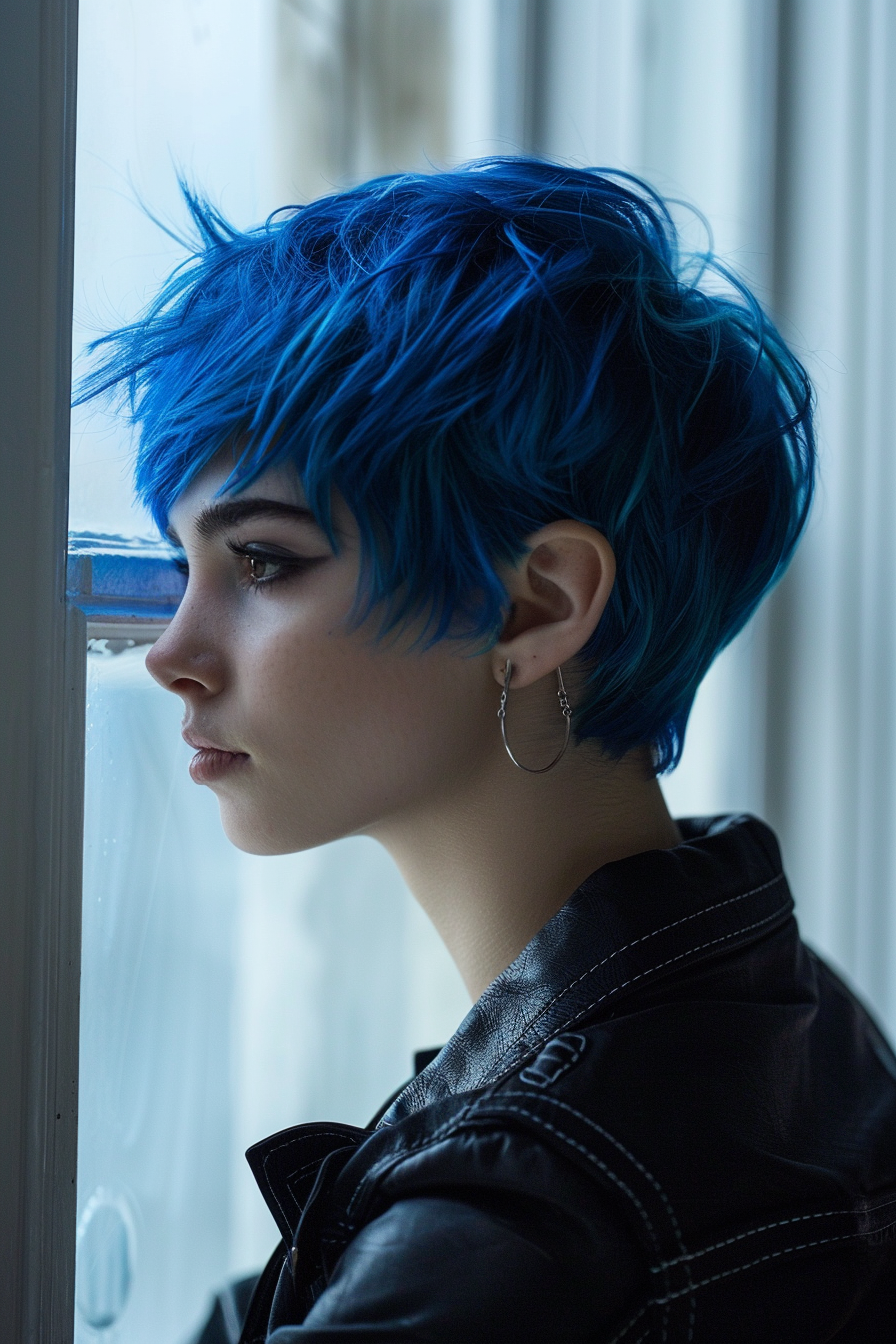 Blue hair color woman hairstyle. Royal blue pixie cut.