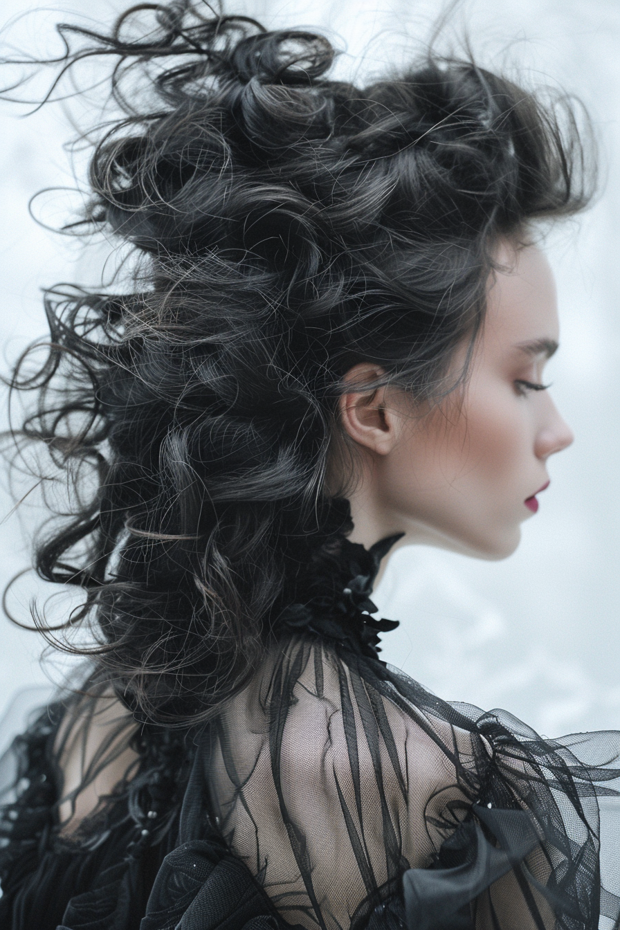 Woman's hairstyle. Messy, backcombed pouf with coiled back, dark mermaid waves.