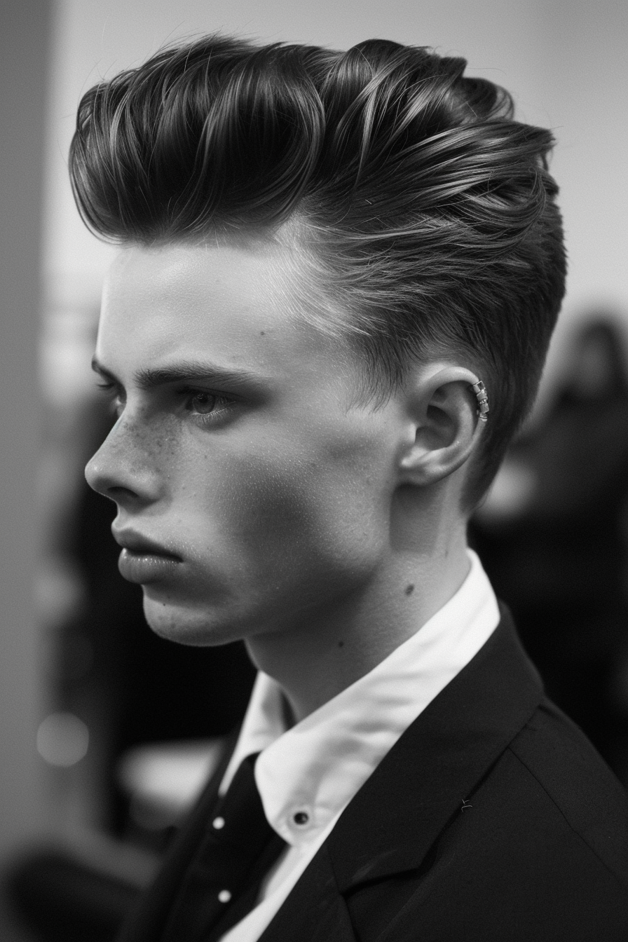 Low taper fade hairstyle. Sleek hair with a quiff.