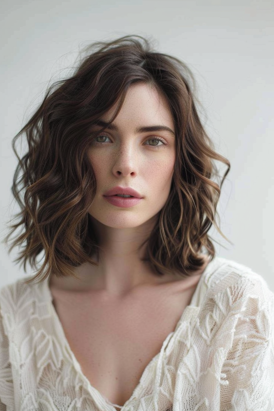 Short wavy hairstyle. Shoulder-length brunette hair with subtle highlights.