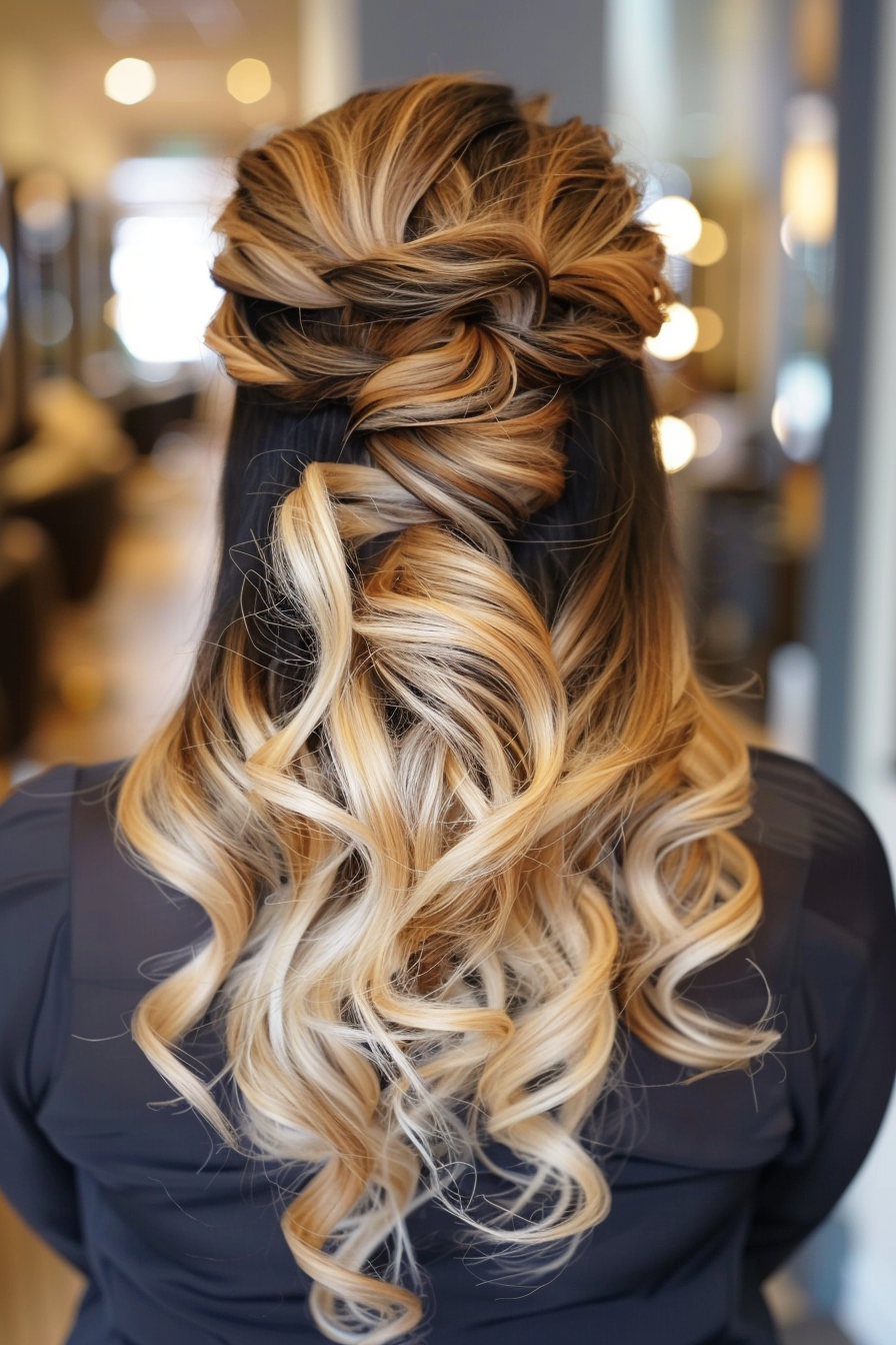 Half-up half-down weave hairstyle. Blonde ombre with loose curls.