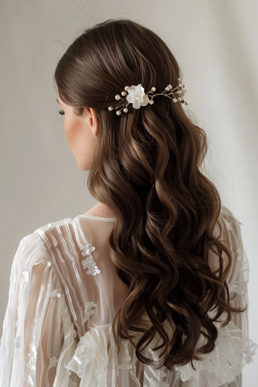 Long wavy hairstyle. Chocolate brown hair, pearl barrette.