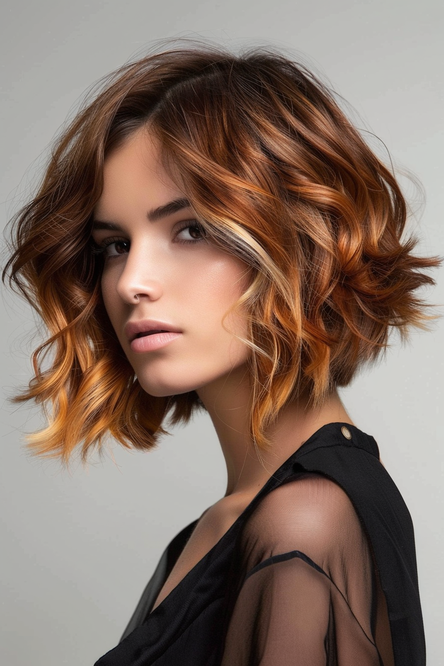 Short wavy woman hairstyle. Ombre bob with outward curls.