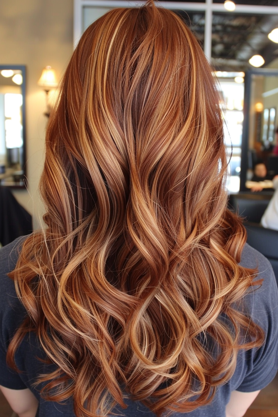 Balayage hairstyle. Copper brown waves with honey blonde highlights.