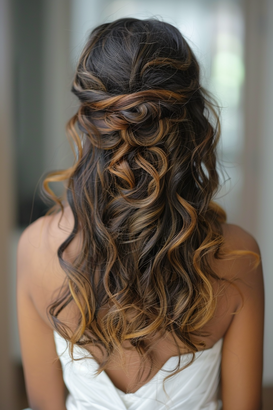 Half-up half-down weave hairstyle. Wavy hair with caramel highlights.