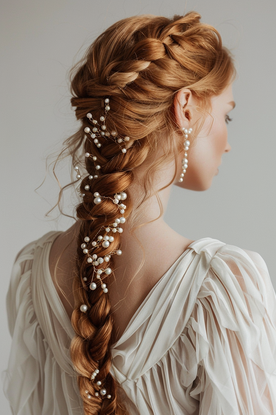 Woman hairstyle. Fishtail braid adorned with pearl hairpins.